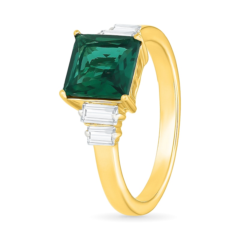 Square-Cut Lab-Created Emerald and Baguette-Cut White Sapphire Ring Sterling Silver with 24K Gold Plate