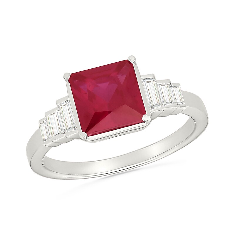 Square-Cut Lab-Created Ruby and Baguette-Cut White Sapphire Ring Sterling Silver with 24K Gold Plate