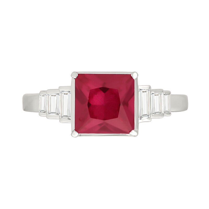 Square-Cut Lab-Created Ruby and Baguette-Cut White Sapphire Ring Sterling Silver with 24K Gold Plate
