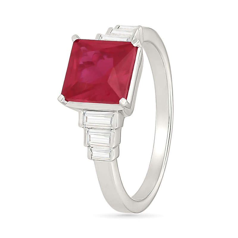Square-Cut Lab-Created Ruby and Baguette-Cut White Sapphire Ring Sterling Silver with 24K Gold Plate