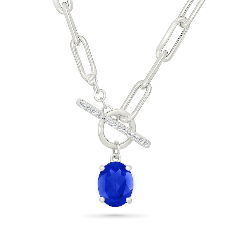 Oval Blue Lab-Created Sapphire and White Lab-Created Sapphire Paper Clip Chain Toggle Necklace in Sterling Silver - 18"
