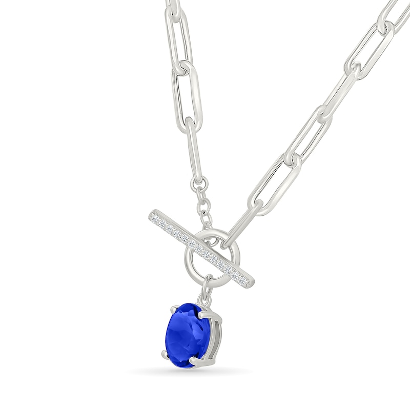 Oval Blue Lab-Created Sapphire and White Lab-Created Sapphire Paper Clip Chain Toggle Necklace in Sterling Silver - 18"