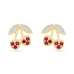 Lab-Created Ruby and White Lab-Created Sapphire Cherry Stud Earrings in Sterling Silver with 24K Gold Plate