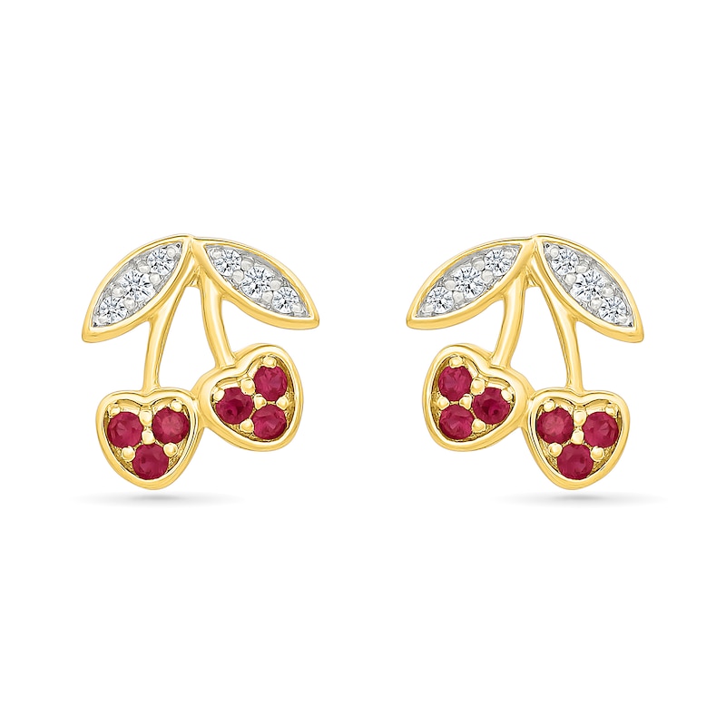 Lab-Created Ruby and White Lab-Created Sapphire Cherry Stud Earrings in Sterling Silver with 24K Gold Plate