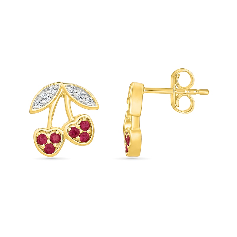 Lab-Created Ruby and White Lab-Created Sapphire Cherry Stud Earrings in Sterling Silver with 24K Gold Plate