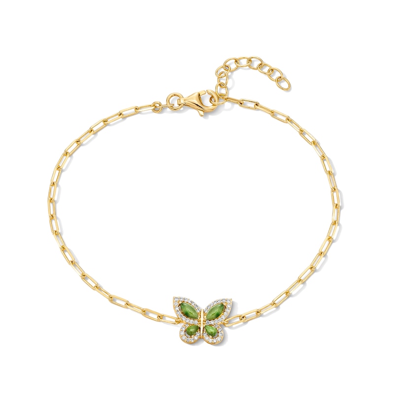 Main Image 1 of Marquise and Oval Jade and White Lab-Created Sapphire Butterfly Bracelet in Sterling Silver with 18K Gold Plate - 8.25"