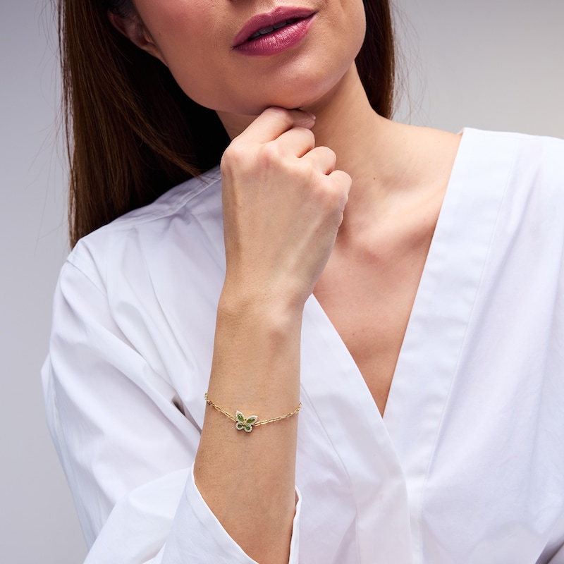 Main Image 2 of Marquise and Oval Jade and White Lab-Created Sapphire Butterfly Bracelet in Sterling Silver with 18K Gold Plate - 8.25"