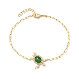 Oval Jade and White Lab-Created Sapphire Turtle Bracelet in Sterling Silver with 18K Gold Plate - 8.25"