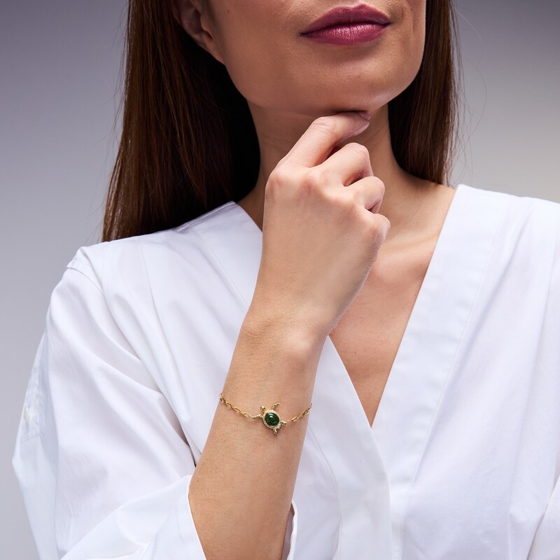 Main Image 2 of Oval Jade and White Lab-Created Sapphire Turtle Bracelet in Sterling Silver with 18K Gold Plate - 8.25"