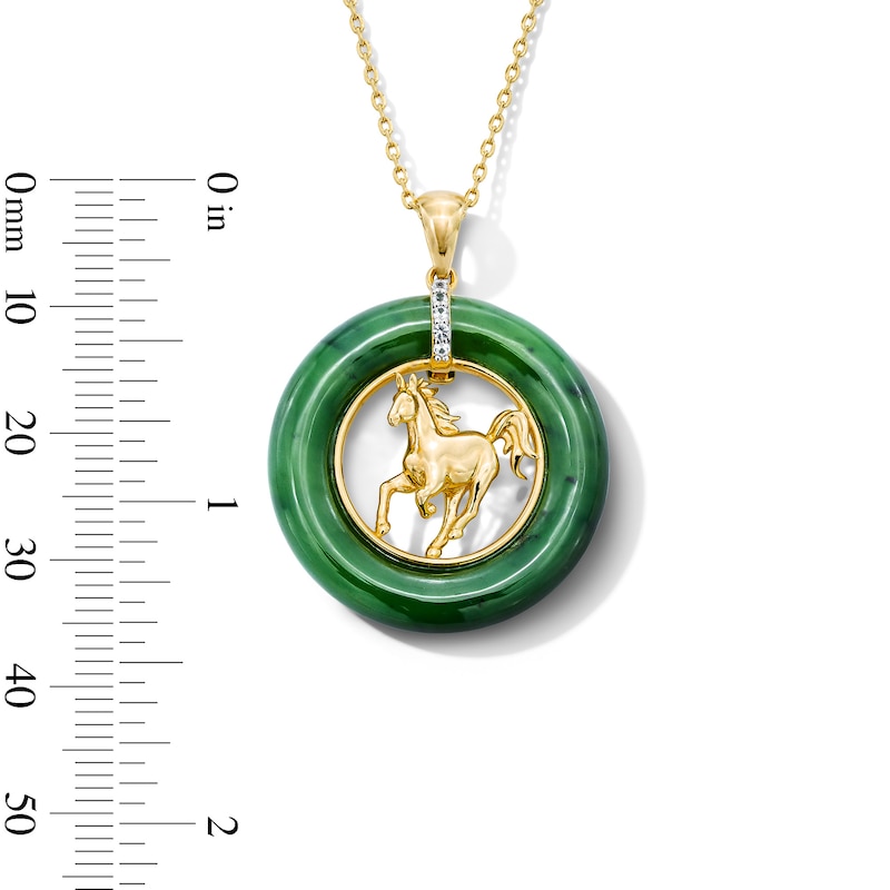 Main Image 3 of Jade and White Lab-Created Sapphire Circle Horse Pendant in Sterling Silver with 18K Gold Plate