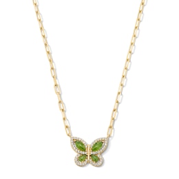 Marquise and Oval Jade and White Lab-Created Sapphire Butterfly Necklace in Sterling Silver with 18K Gold Plate