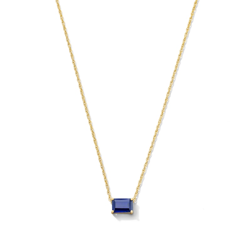 Main Image 1 of Emerald-Cut Blue Lab-Created Sapphire East West Solitaire Necklace in 10K Gold