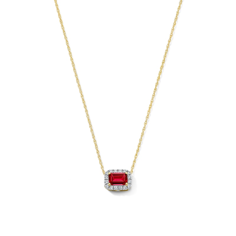 Emerald-Cut Lab-Created Ruby and 0.10 CT. T.W. Lab-Grown Diamond Necklace in 10K Gold (F/SI2)