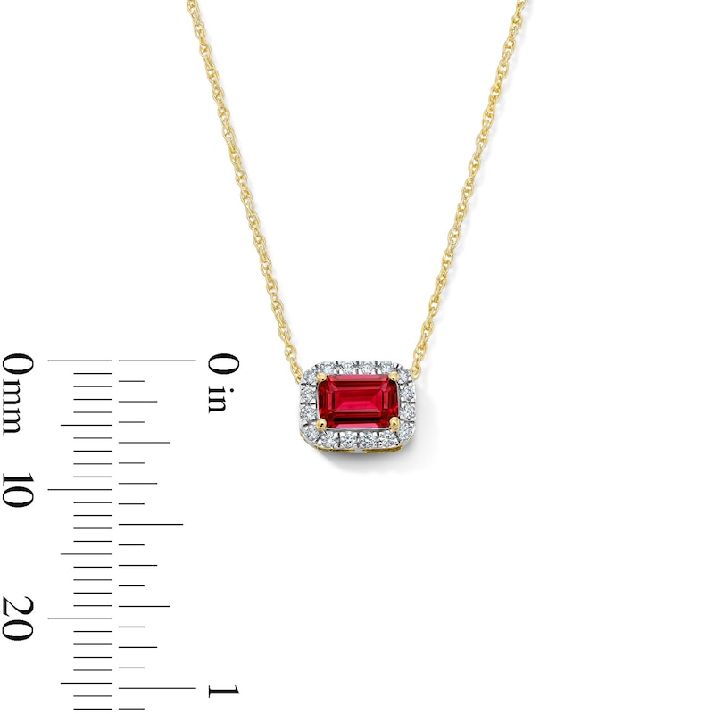 Emerald-Cut Lab-Created Ruby and 0.10 CT. T.W. Lab-Grown Diamond Necklace in 10K Gold (F/SI2)