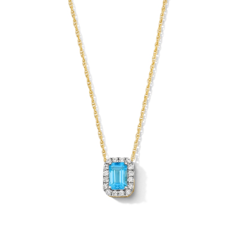 Main Image 1 of Emerald-Cut Swiss Blue Topaz and 0.10 CT. T.W. Lab-Grown Diamond Necklace in 10K Gold (F/SI2)