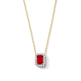Emerald-Cut Lab-Created Ruby and 0.10 CT. T.W. Lab-Grown Diamond Necklace in 10K Gold (F/SI2)