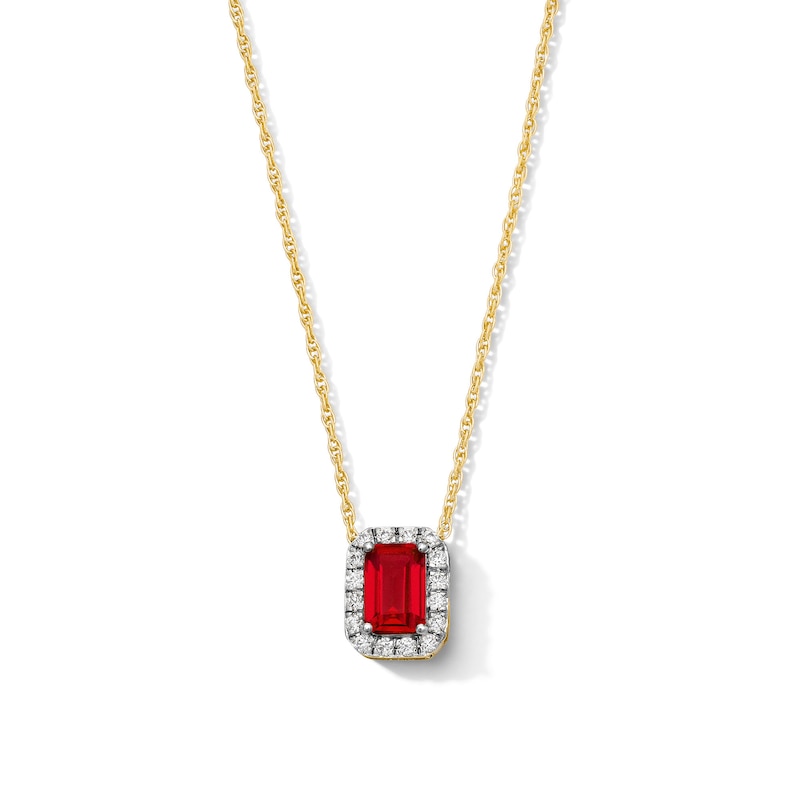 Emerald-Cut Lab-Created Ruby and 0.10 CT. T.W. Lab-Grown Diamond Necklace in 10K Gold (F/SI2)