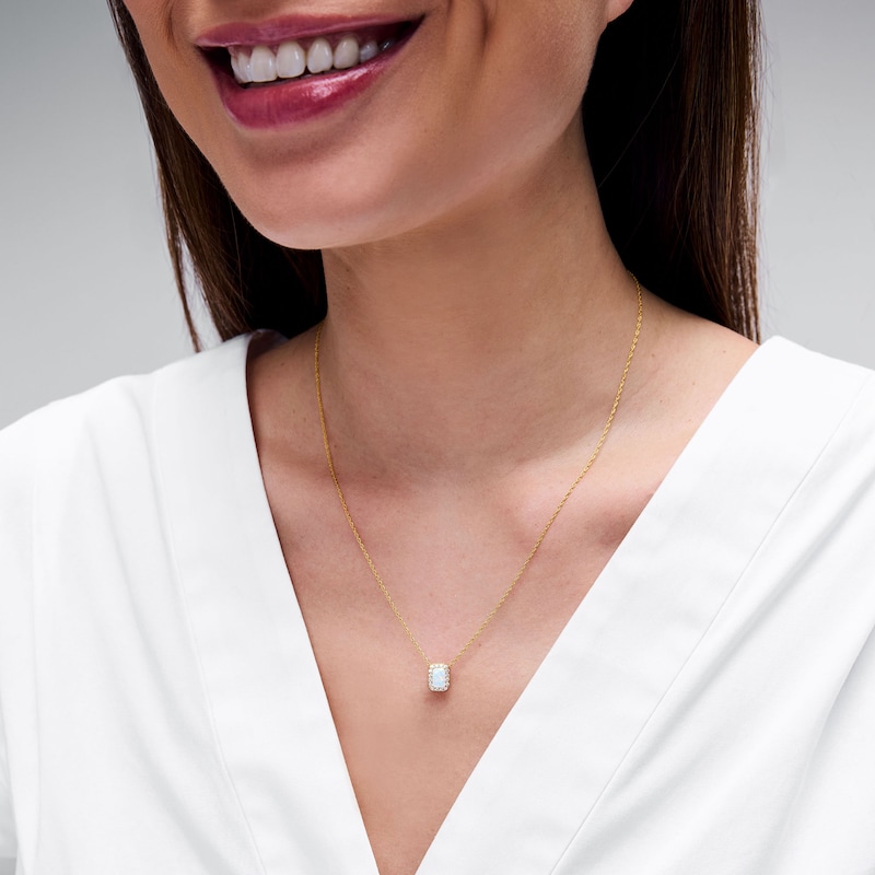 Emerald-Shaped Lab-Created Opal and 0.10 CT. T.W. Lab-Grown Diamond Necklace in 10K Gold (F/SI2)