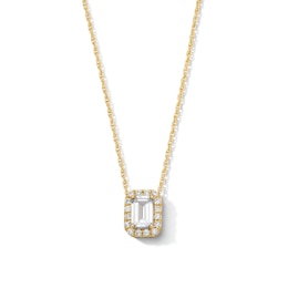 Emerald-Cut White Lab-Created Sapphire and 0.10 CT. T.W. Lab-Grown Diamond Necklace in 10K Gold (F/SI2)