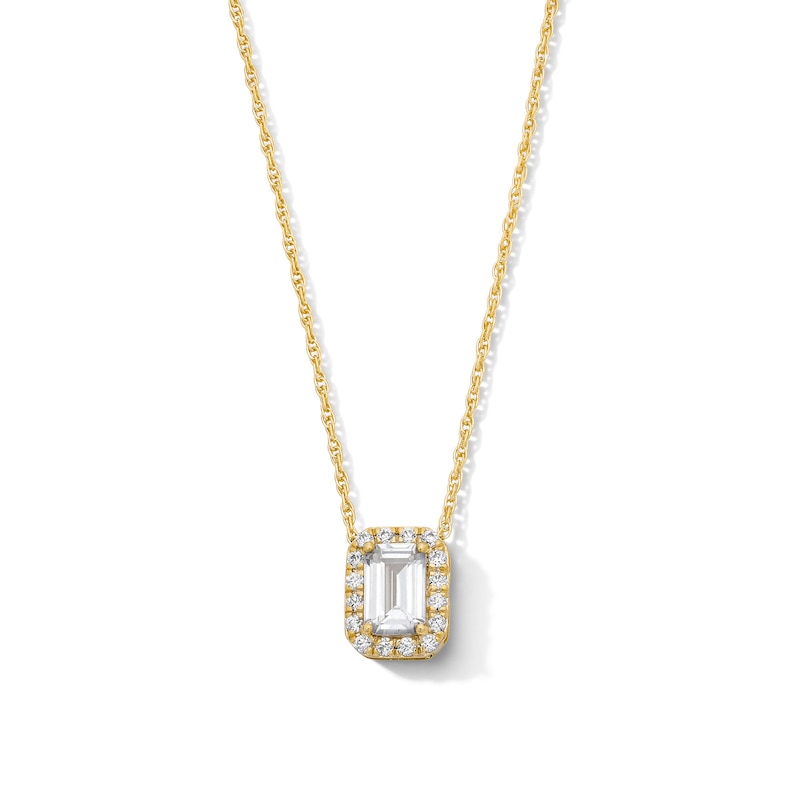 Emerald-Cut Lab-Created Sapphire and 0.10 CT. T.W. Lab-Grown Diamond Necklace in 10K Gold (F/SI2