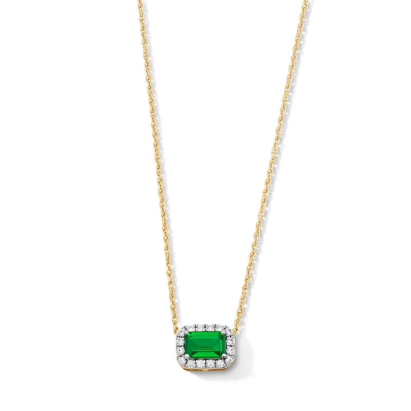 Emerald-Cut Lab-Created Emerald and 0.10 CT. T.W. Lab-Grown Diamond Necklace in 10K Gold (F/SI2)