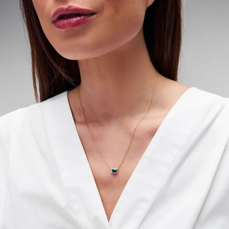 Emerald-Cut Lab-Created Emerald and 0.10 CT. T.W. Lab-Grown Diamond Necklace in 10K Gold (F/SI2)