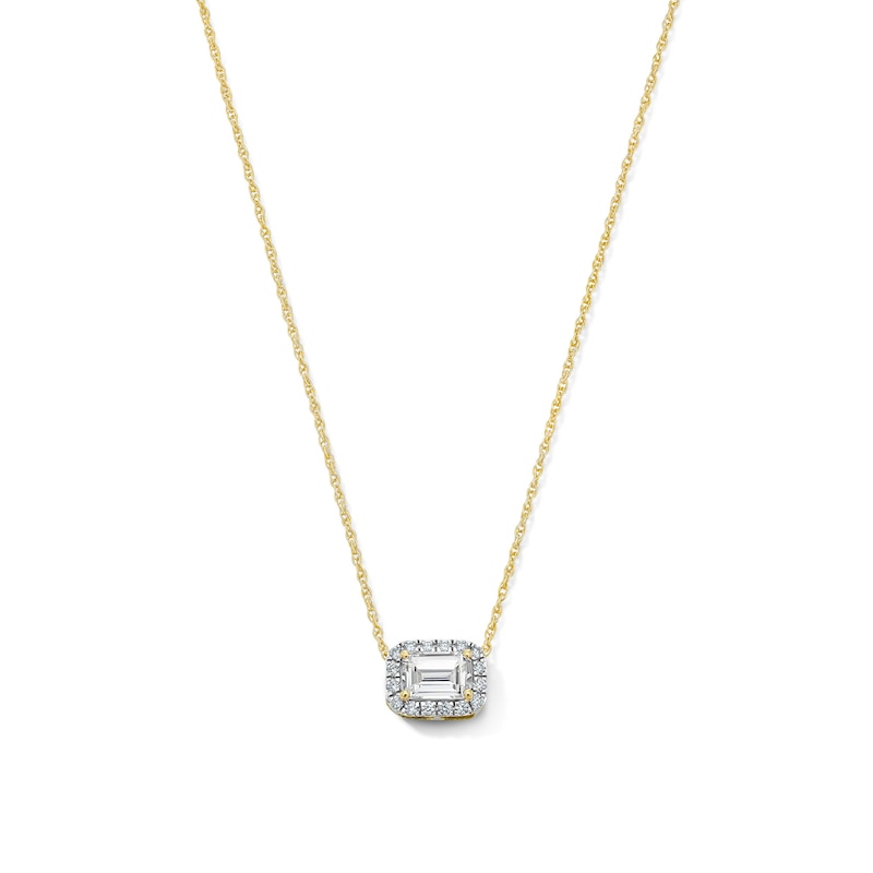Emerald-Cut Lab-Created Sapphire and 0.10 CT. T.W. Lab-Grown Diamond Necklace in 10K Gold (F/SI2