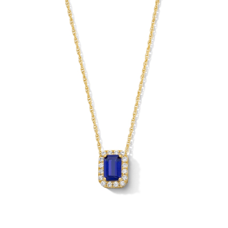 Emerald-Cut Blue Lab-Created Sapphire and 0.10 CT. T.W. Lab-Grown Diamond Necklace in 10K Gold (F/SI2)