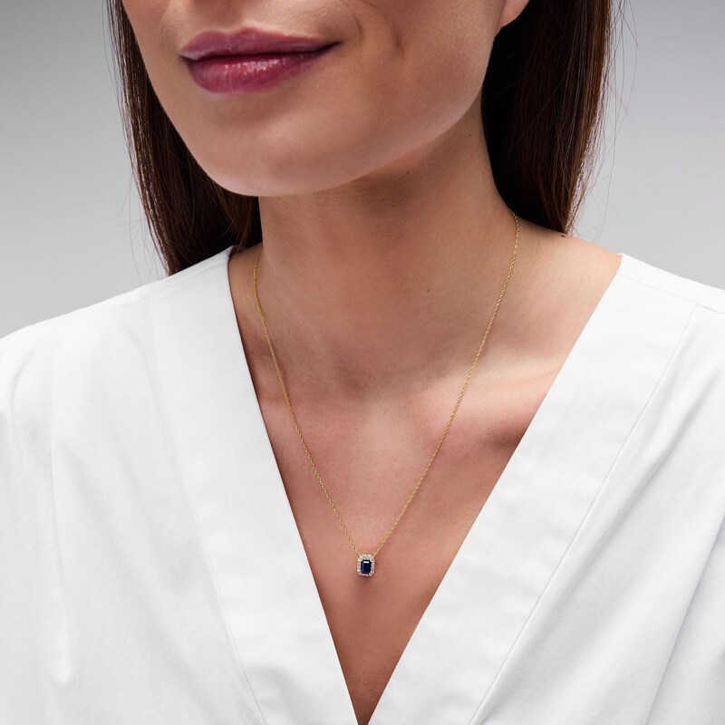 Emerald-Cut Blue Lab-Created Sapphire and 0.10 CT. T.W. Lab-Grown Diamond Necklace in 10K Gold (F/SI2)