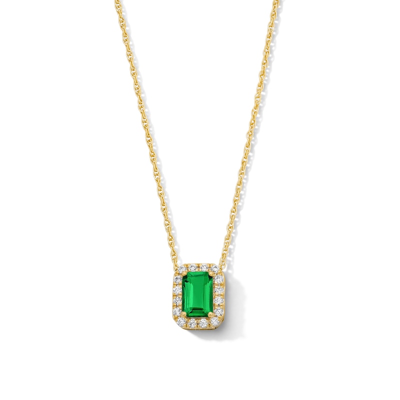 Emerald-Cut Lab-Created Emerald and 0.10 CT. T.W. Lab-Grown Diamond Necklace in 10K Gold (F/SI2)