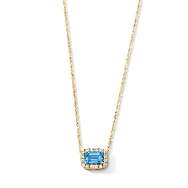 Main Image 1 of Emerald-Cut Swiss Blue Topaz and 0.10 CT. T.W. Lab-Grown Diamond Necklace in 10K Gold (F/SI2)