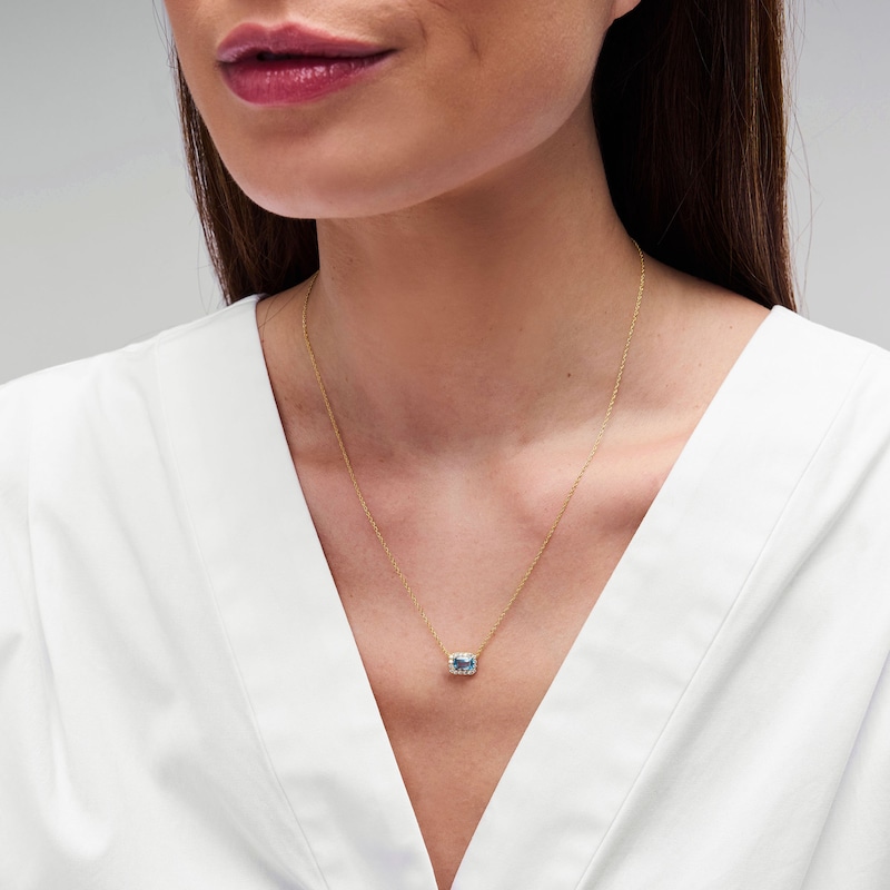 Main Image 2 of Emerald-Cut Swiss Blue Topaz and 0.10 CT. T.W. Lab-Grown Diamond Necklace in 10K Gold (F/SI2)