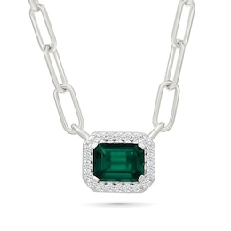 Emerald-Cut Lab-Created Emerald and White Lab-Created Sapphire Paper Clip Necklace in Sterling Silver - 18"
