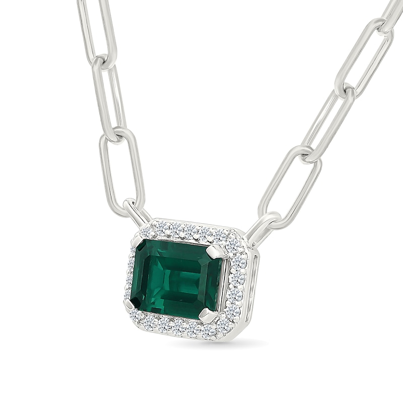 Emerald-Cut Lab-Created Emerald and White Lab-Created Sapphire Paper Clip Necklace in Sterling Silver - 18"