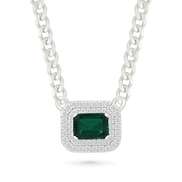 Emerald-Cut Lab-Created Emerald and White Lab-Created Sapphire Curb Chain Necklace in Sterling Silver - 18"