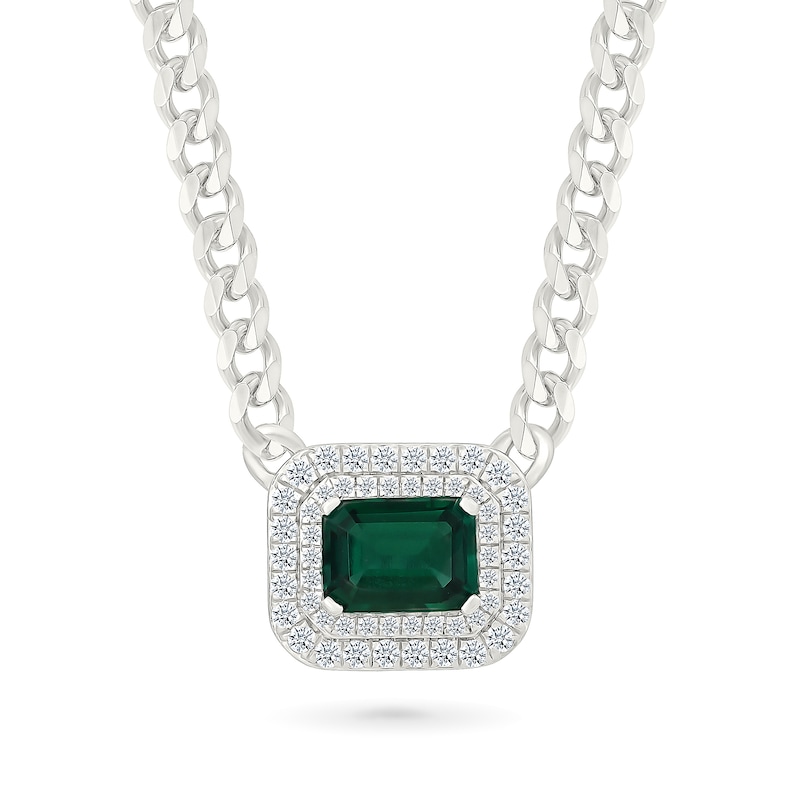 Emerald-Cut Lab-Created Emerald and White Lab-Created Sapphire Curb Chain Necklace in Sterling Silver - 18"