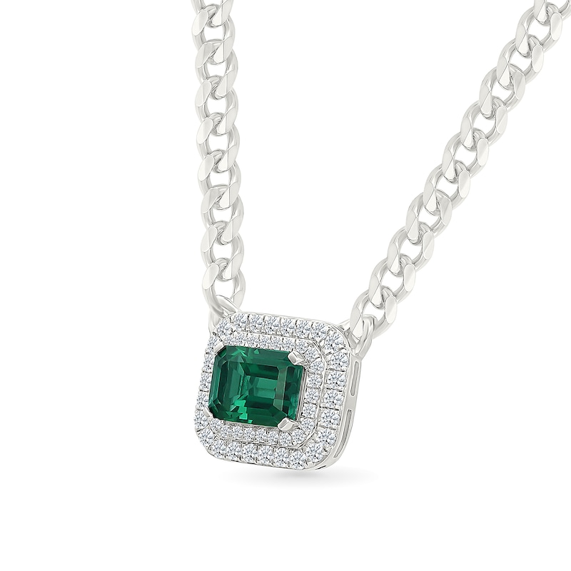 Emerald-Cut Lab-Created Emerald and White Lab-Created Sapphire Curb Chain Necklace in Sterling Silver - 18"