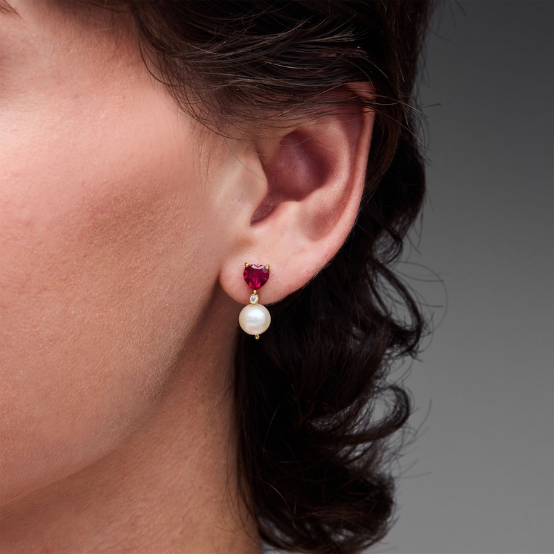 Lab-Created Ruby, Lab-Created Sapphire and Freshwater Cultured Pearl Earrings in Sterling Silver with 14K Gold Plate