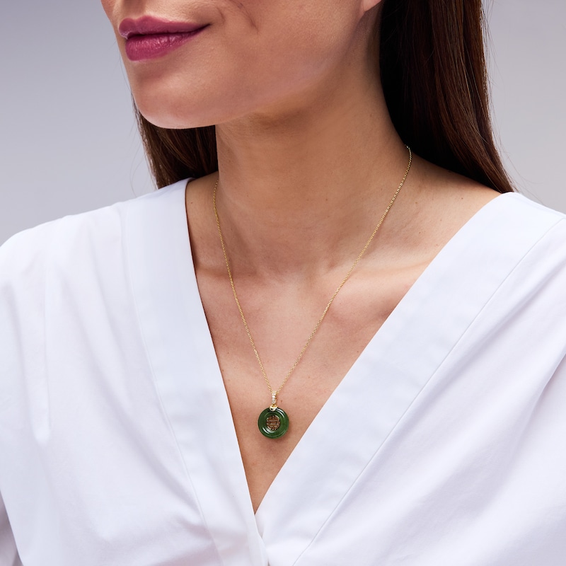 Main Image 2 of Jade and 0.05 CT. T.W. Diamond Circle Symbol Pendant in 18K Gold