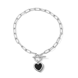 Heart-Shaped Black Onyx and White Lab-Created Sapphire Paper Clip Charm Toggle Bracelet in Sterling Silver - 7.5"