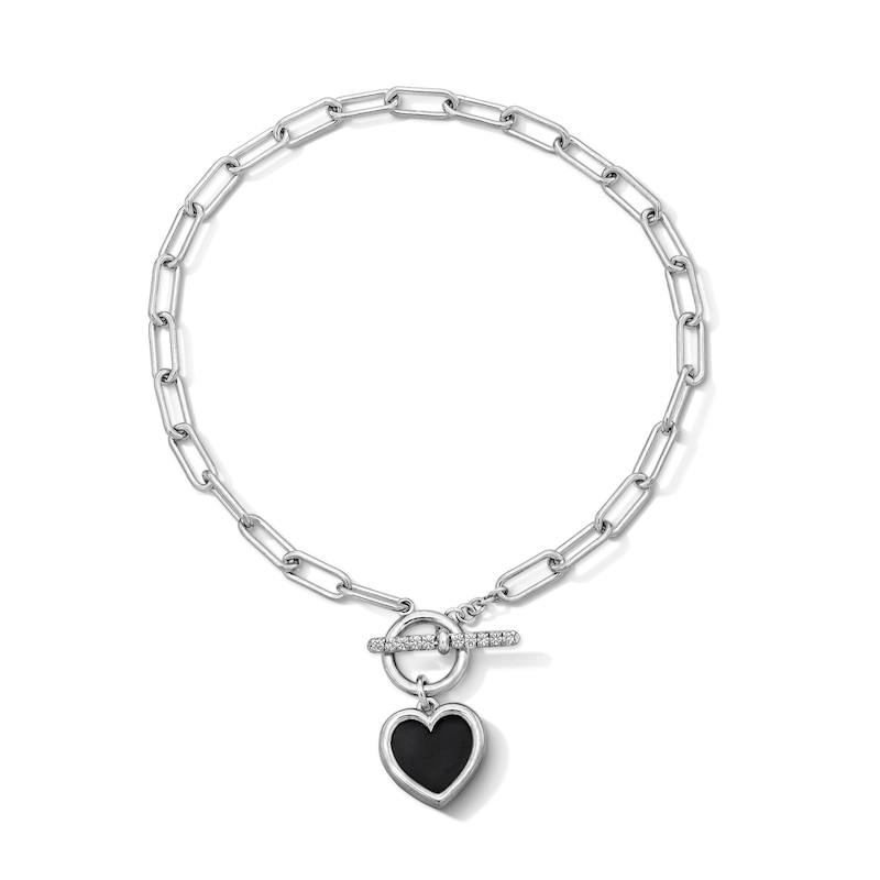Main Image 1 of Heart-Shaped Black Onyx and White Lab-Created Sapphire Paper Clip Charm Toggle Bracelet in Sterling Silver - 7.5"