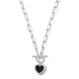 Heart-Shaped Black Onyx and White Lab-Created Sapphire Paper Clip Charm Toggle Necklace in Sterling Silver