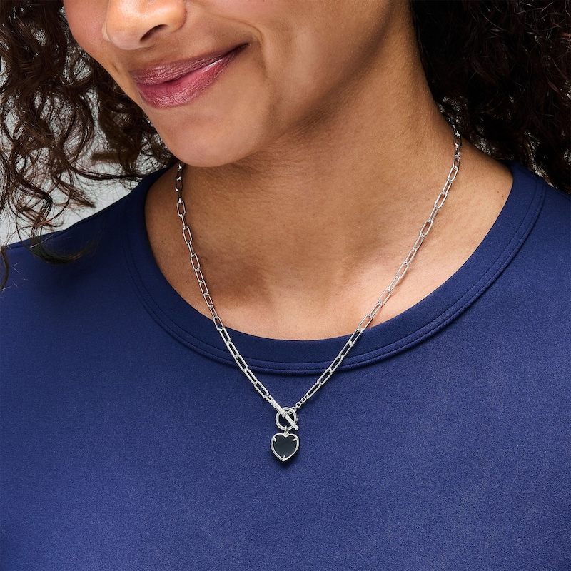 Main Image 2 of Heart-Shaped Black Onyx and White Lab-Created Sapphire Paper Clip Charm Toggle Necklace in Sterling Silver