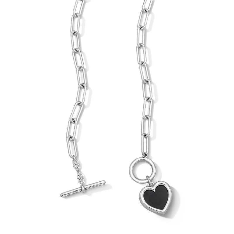 Main Image 3 of Heart-Shaped Black Onyx and White Lab-Created Sapphire Paper Clip Charm Toggle Necklace in Sterling Silver