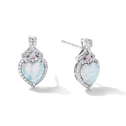 Heart-Shaped Lab-Created Opal, Pink and White Lab-Created Sapphire Frame Earrings in Sterling Silver