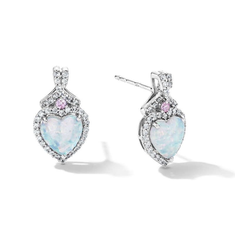 Heart-Shaped Lab-Created Opal, Pink and White Lab-Created Sapphire Frame Earrings in Sterling Silver