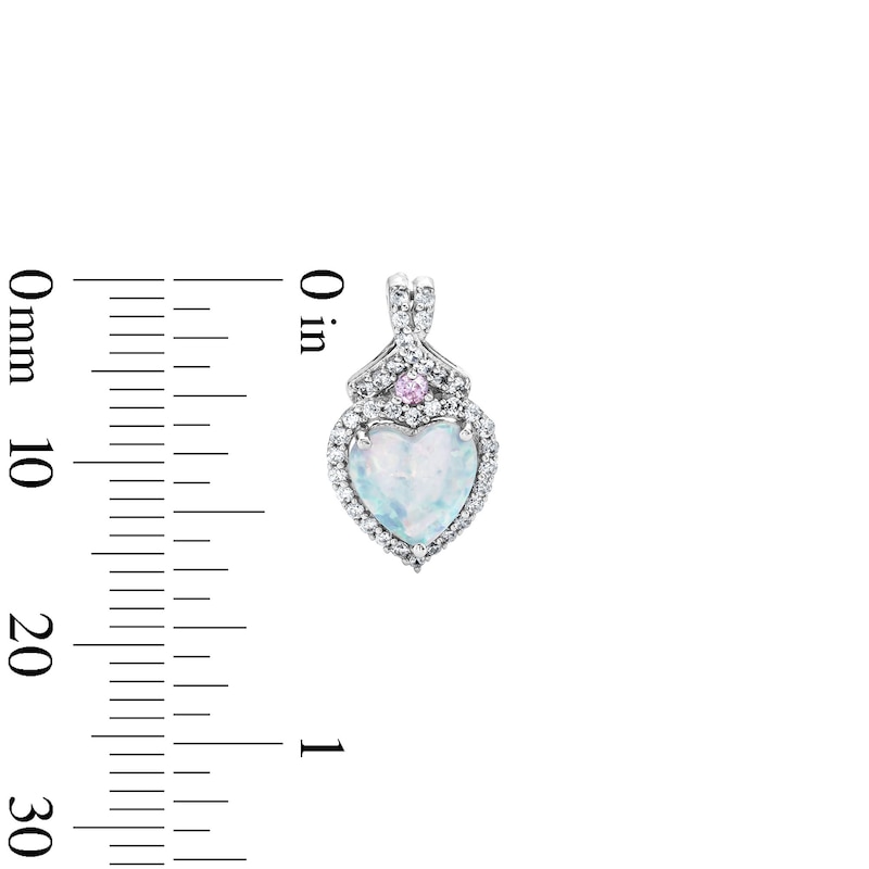 Heart-Shaped Lab-Created Opal, Pink and White Lab-Created Sapphire Frame Earrings in Sterling Silver