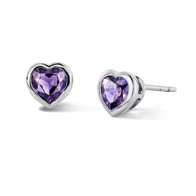 Main Image 1 of Heart-Shaped Amethyst Solitaire Stud Earrings in Sterling Silver