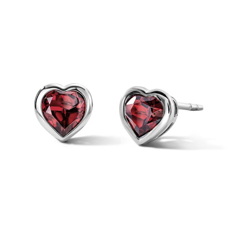 Main Image 1 of Heart-Shaped Garnet Solitaire Stud Earrings in Sterling Silver