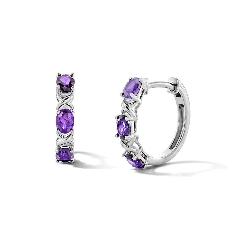 Main Image 1 of Oval Amethyst Alternating Crossover Hoop Earrings in Sterling Silver